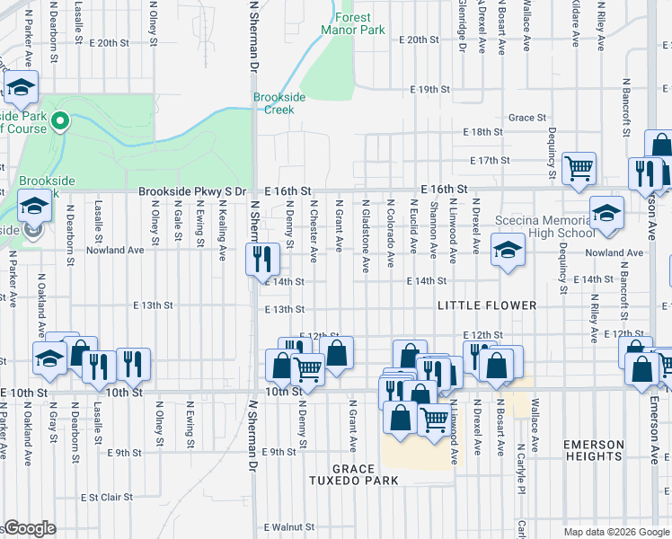 map of restaurants, bars, coffee shops, grocery stores, and more near 1420 North Grant Avenue in Indianapolis