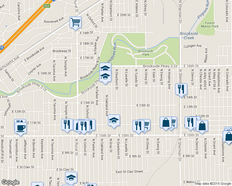 map of restaurants, bars, coffee shops, grocery stores, and more near 1349 North Dearborn Street in Indianapolis