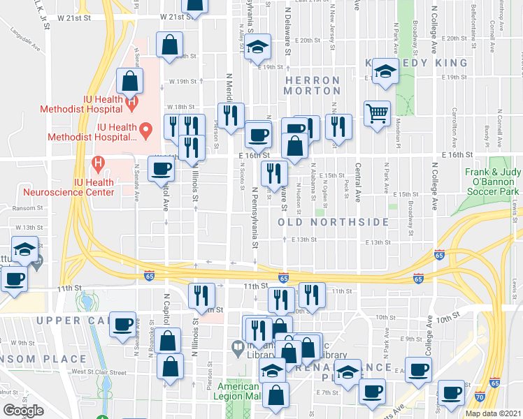 map of restaurants, bars, coffee shops, grocery stores, and more near 1401 North Pennsylvania Street in Indianapolis