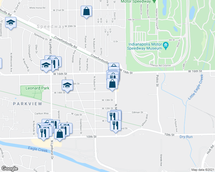 map of restaurants, bars, coffee shops, grocery stores, and more near 4931 West 15th Street in Indianapolis