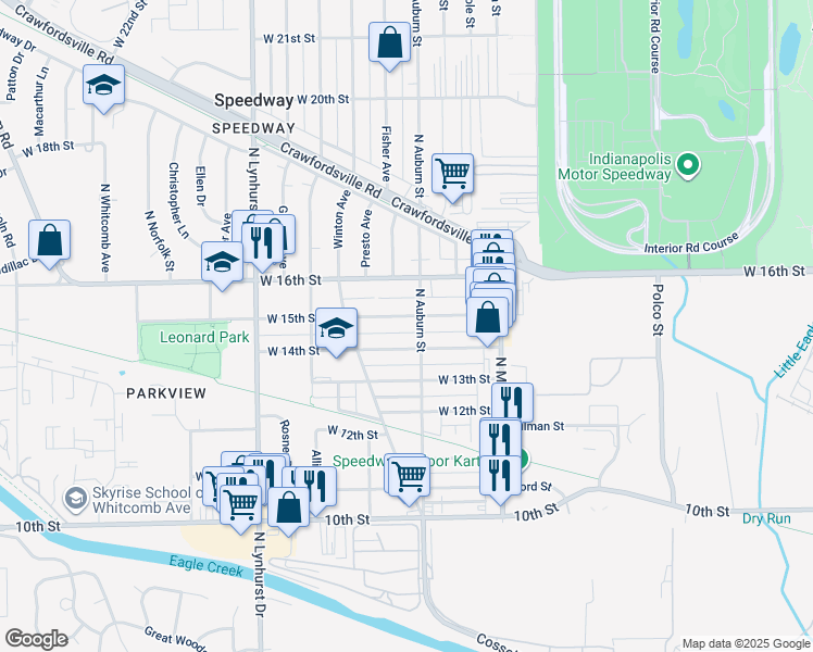 map of restaurants, bars, coffee shops, grocery stores, and more near 5035 West 15th Street in Indianapolis
