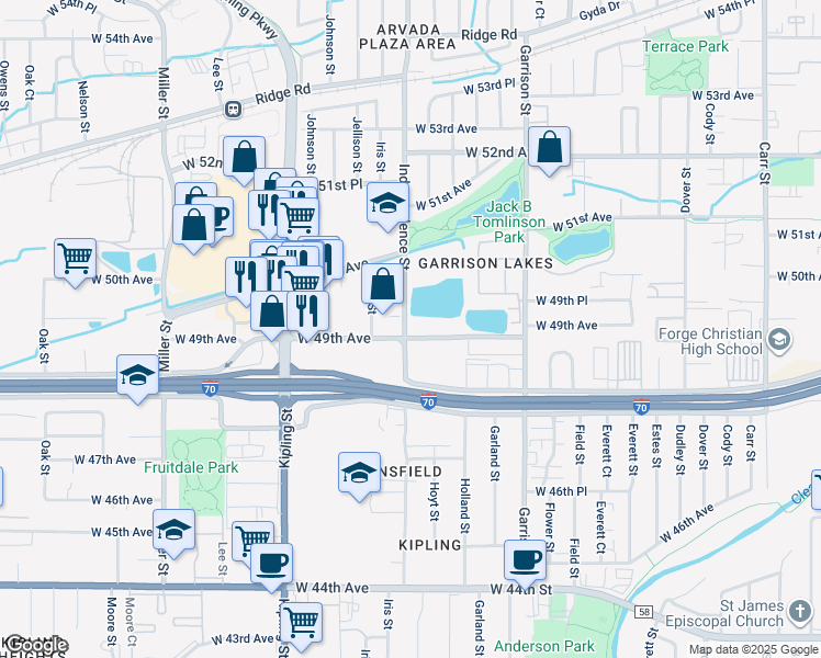 map of restaurants, bars, coffee shops, grocery stores, and more near 4925 Independence Street in Wheat Ridge