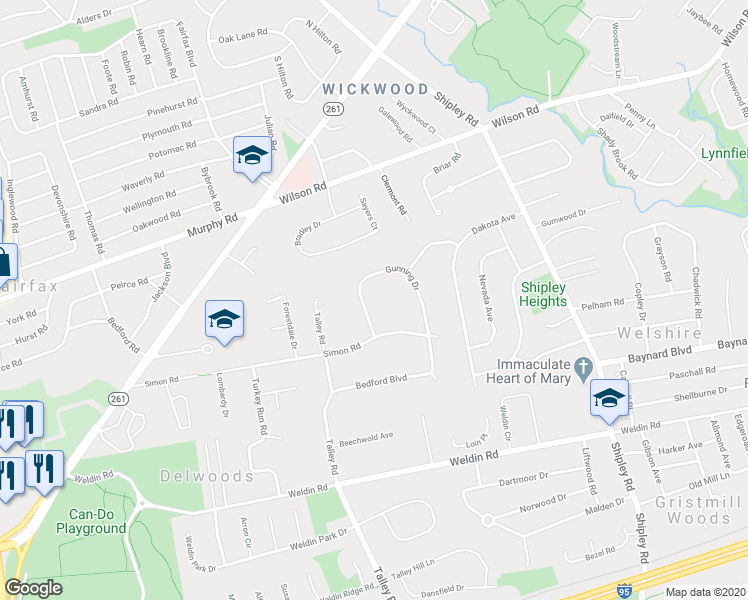 map of restaurants, bars, coffee shops, grocery stores, and more near 1714 Gunning Drive in Wilmington