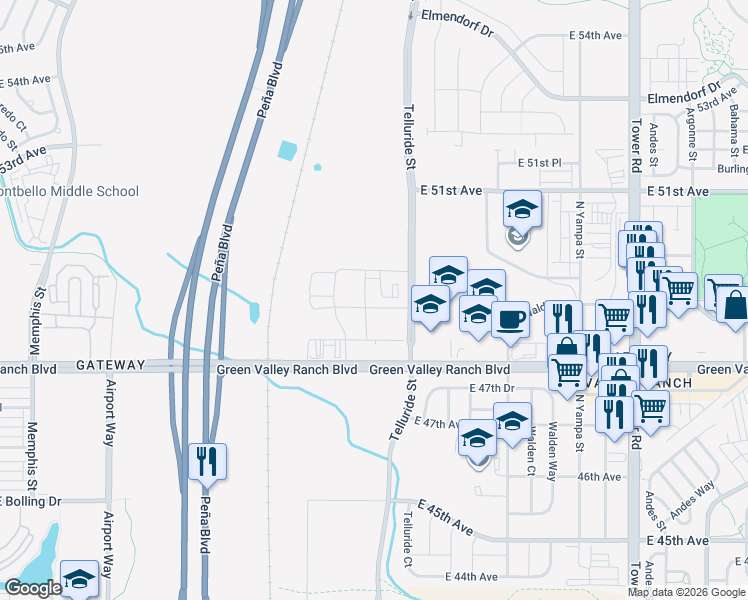 map of restaurants, bars, coffee shops, grocery stores, and more near 4800 Telluride Street in Denver