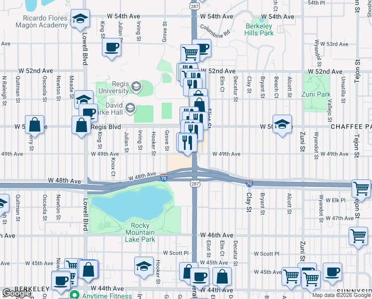 map of restaurants, bars, coffee shops, grocery stores, and more near 4925 Federal Boulevard in Denver