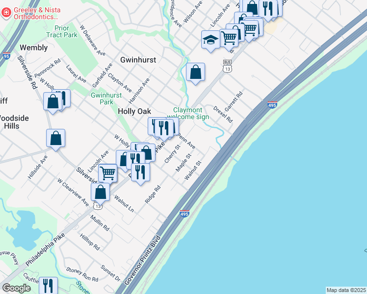 map of restaurants, bars, coffee shops, grocery stores, and more near 1701 Cherry Street in Wilmington