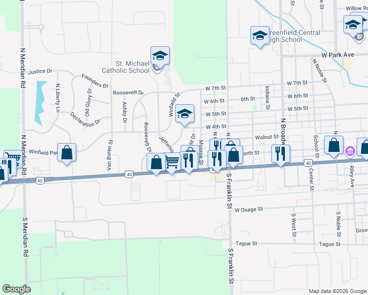 map of restaurants, bars, coffee shops, grocery stores, and more near 114 Garfield Drive in Greenfield