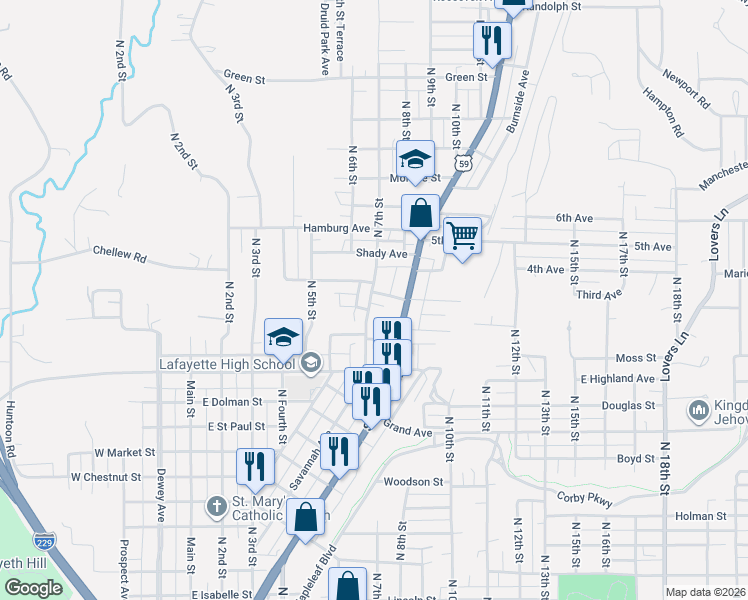 map of restaurants, bars, coffee shops, grocery stores, and more near 710 McDonald Street in Saint Joseph