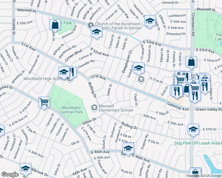 map of restaurants, bars, coffee shops, grocery stores, and more near 5070 Sable Street in Denver