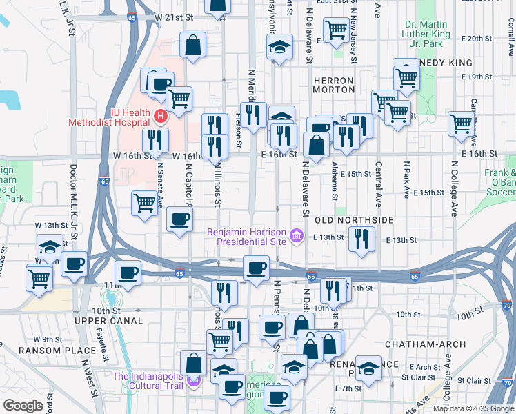 map of restaurants, bars, coffee shops, grocery stores, and more near 1401 North Meridian Street in Indianapolis