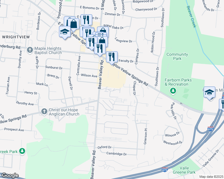 map of restaurants, bars, coffee shops, grocery stores, and more near 253 Landmark Court in Fairborn