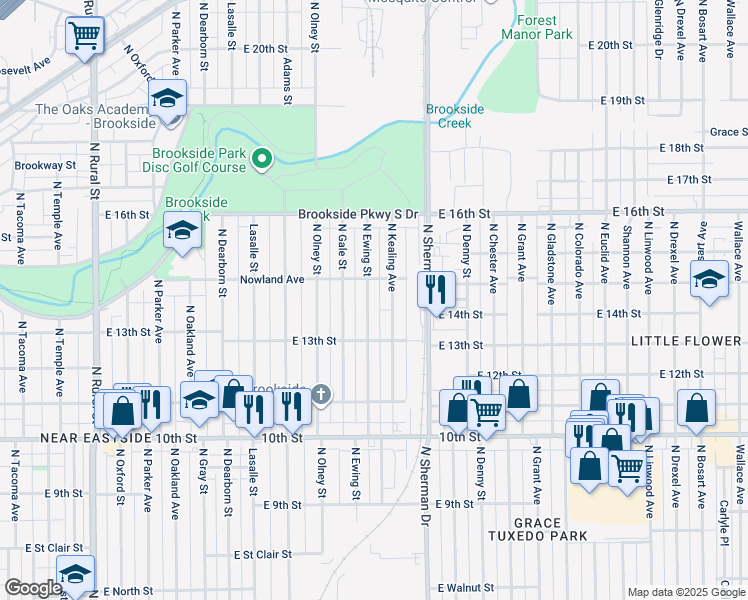 map of restaurants, bars, coffee shops, grocery stores, and more near 1347 North Ewing Street in Indianapolis