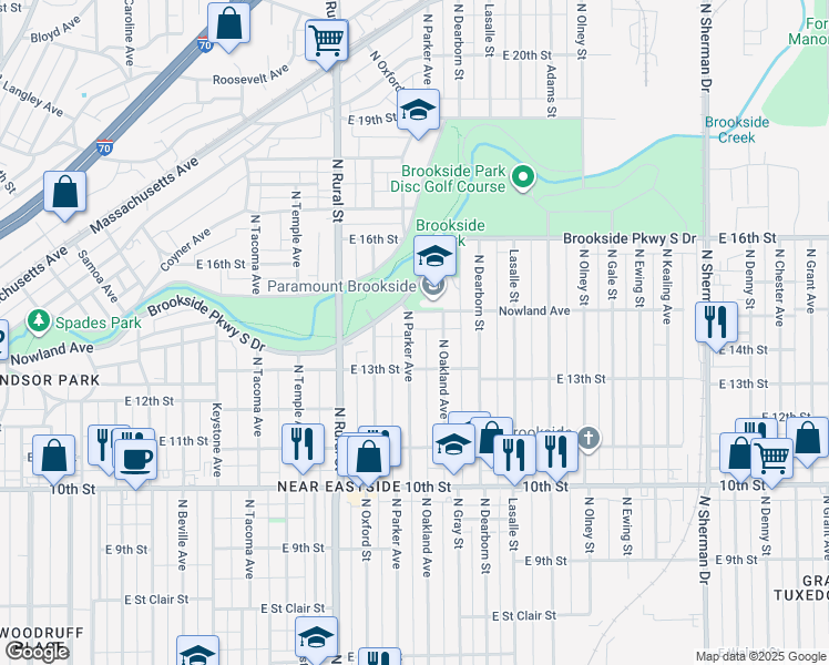 map of restaurants, bars, coffee shops, grocery stores, and more near 1339 North Parker Avenue in Indianapolis