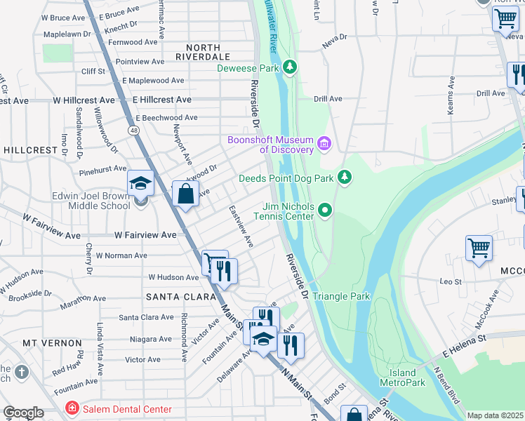 map of restaurants, bars, coffee shops, grocery stores, and more near 143 East Norman Avenue in Dayton