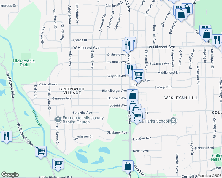 map of restaurants, bars, coffee shops, grocery stores, and more near 4433 Eichelberger Avenue in Dayton
