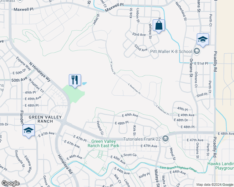 map of restaurants, bars, coffee shops, grocery stores, and more near 20439 East 49th Avenue in Denver