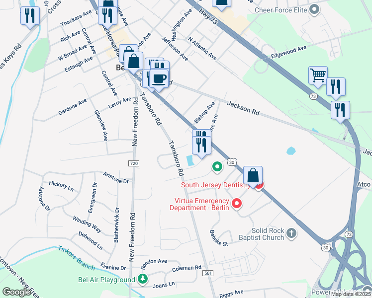 map of restaurants, bars, coffee shops, grocery stores, and more near 87 Tansboro Road in Berlin