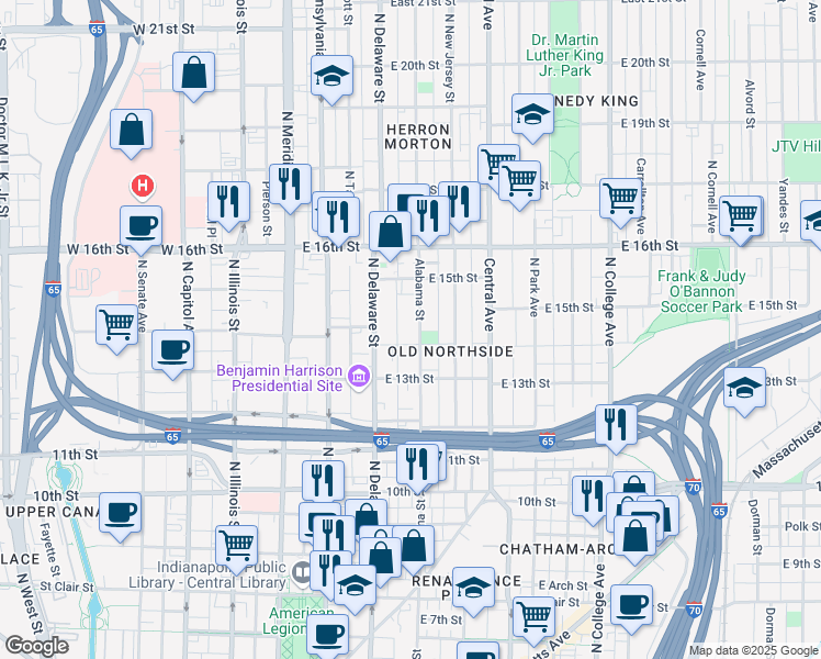 map of restaurants, bars, coffee shops, grocery stores, and more near 1416 Alabama Street in Indianapolis