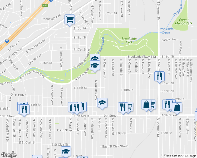 map of restaurants, bars, coffee shops, grocery stores, and more near 1339 North Oakland Avenue in Indianapolis