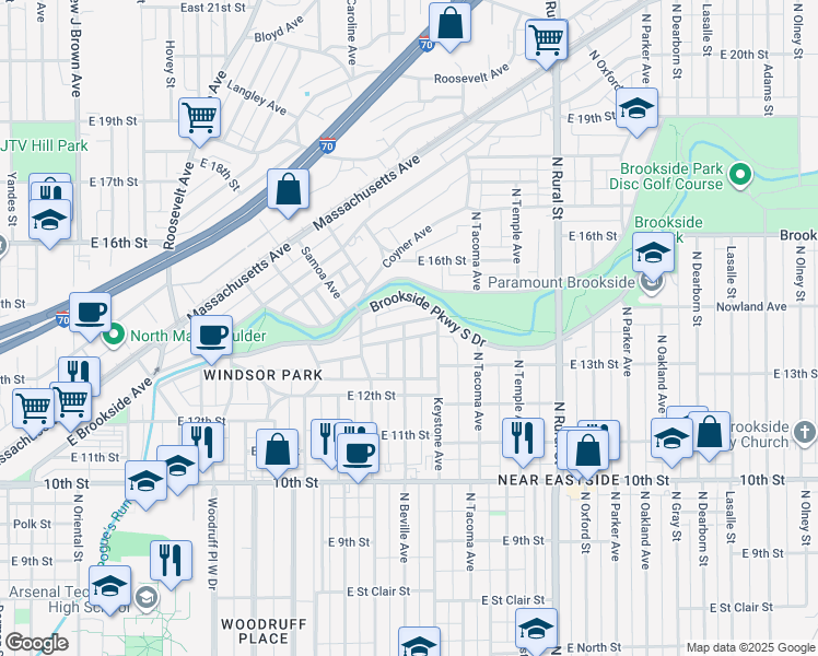 map of restaurants, bars, coffee shops, grocery stores, and more near 2301 Nowland Avenue in Indianapolis