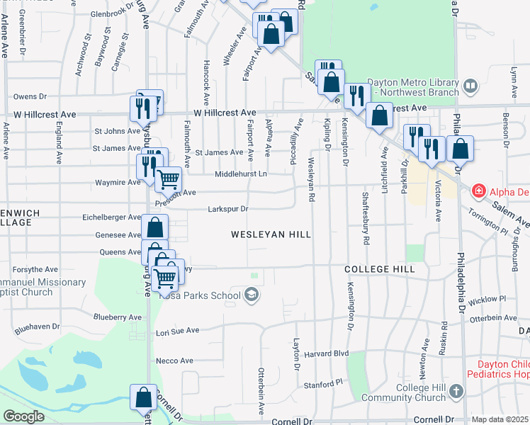 map of restaurants, bars, coffee shops, grocery stores, and more near 3938 Larkspur Drive in Dayton