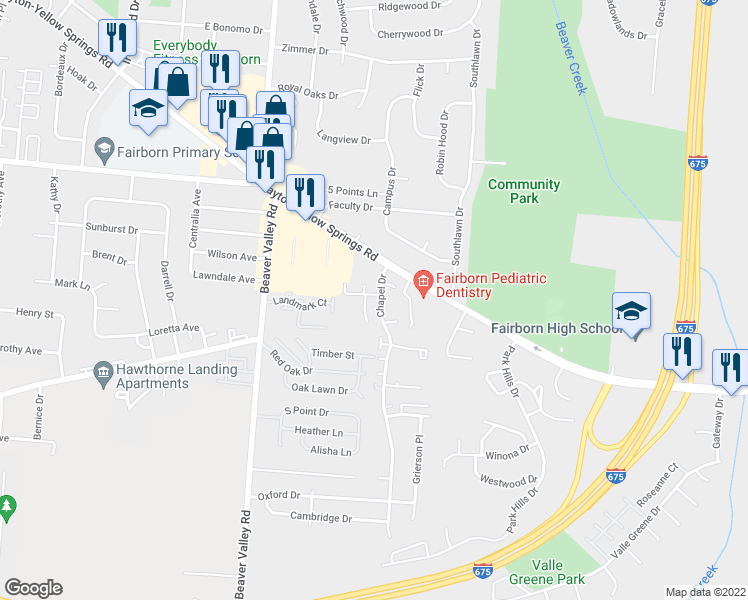 map of restaurants, bars, coffee shops, grocery stores, and more near 363 Chadwick Place in Fairborn