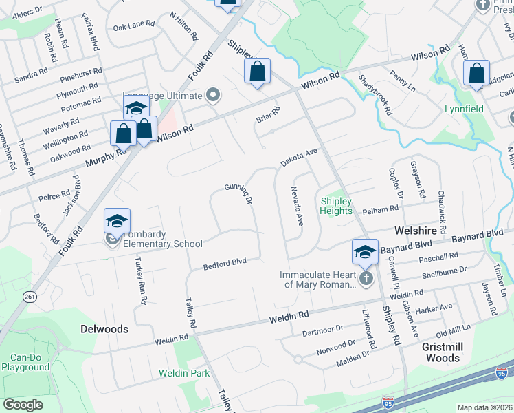 map of restaurants, bars, coffee shops, grocery stores, and more near 1705 Gunning Drive in Wilmington