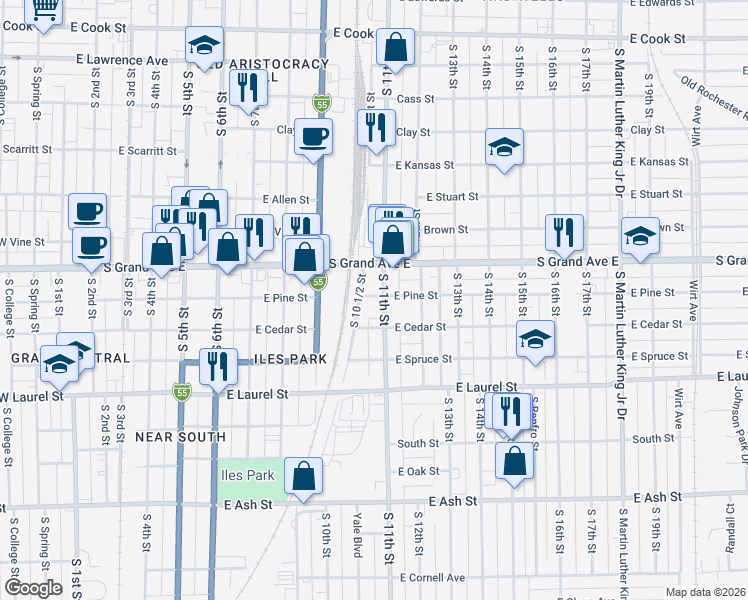 map of restaurants, bars, coffee shops, grocery stores, and more near 1501 South 11th Street in Springfield