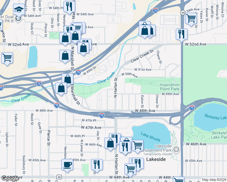 map of restaurants, bars, coffee shops, grocery stores, and more near 4945 North Harlan Street in Wheat Ridge