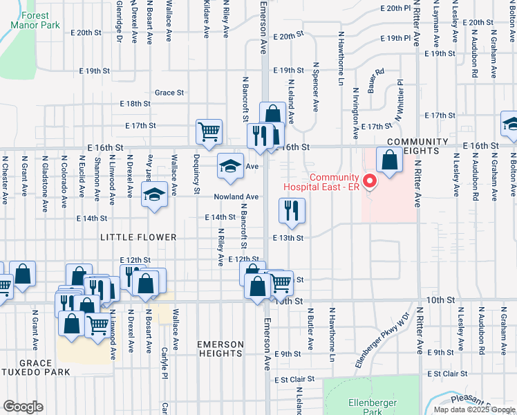 map of restaurants, bars, coffee shops, grocery stores, and more near 1410 North Emerson Avenue in Indianapolis