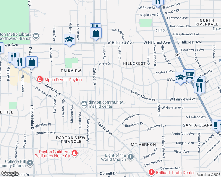 map of restaurants, bars, coffee shops, grocery stores, and more near 2109 Emerson Avenue in Dayton
