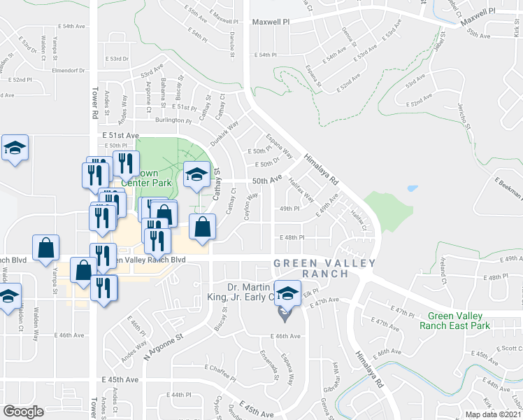 map of restaurants, bars, coffee shops, grocery stores, and more near 4948 North Dunkirk Street in Denver