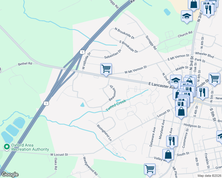 map of restaurants, bars, coffee shops, grocery stores, and more near 205 Beaumont Drive in Oxford