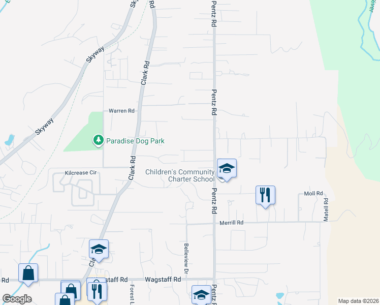 map of restaurants, bars, coffee shops, grocery stores, and more near 1620 Timber Lane in Paradise