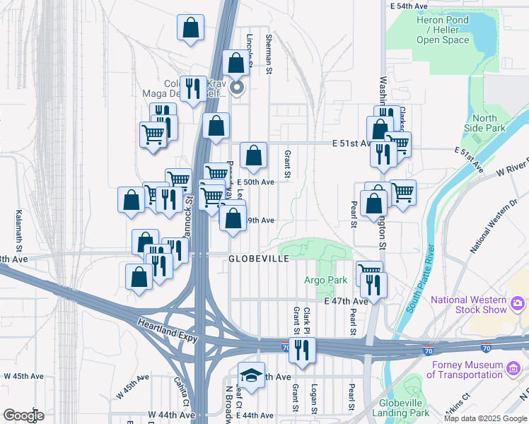 map of restaurants, bars, coffee shops, grocery stores, and more near 4907 Sherman Street in Denver