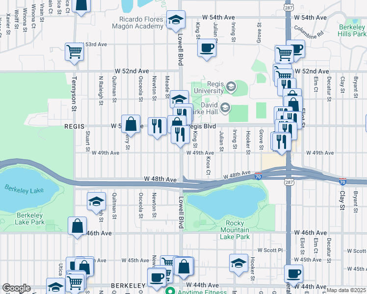 map of restaurants, bars, coffee shops, grocery stores, and more near 4921 Lowell Boulevard in Denver