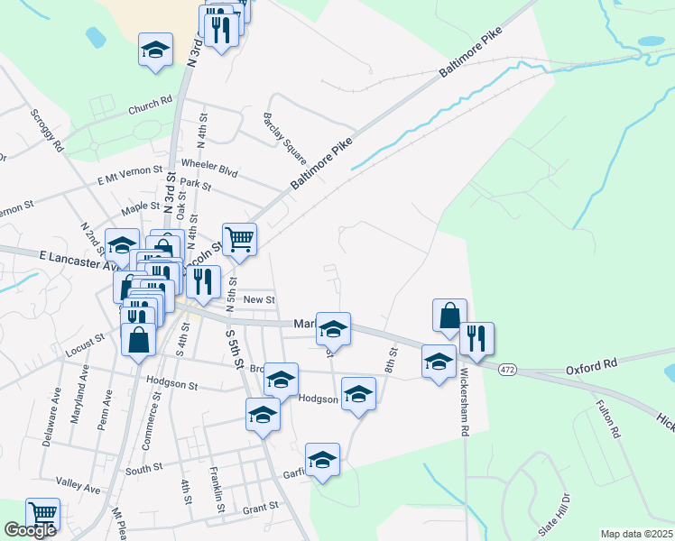 map of restaurants, bars, coffee shops, grocery stores, and more near 711 Market Street in Oxford