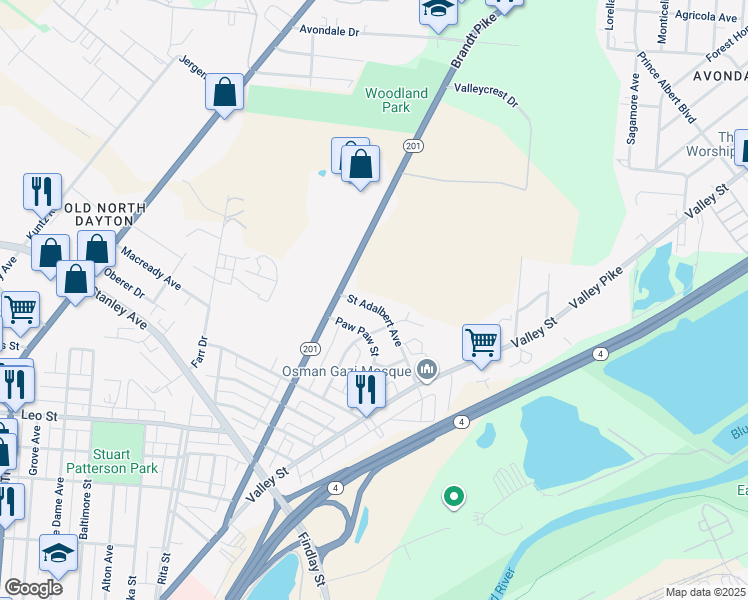 map of restaurants, bars, coffee shops, grocery stores, and more near 1352 Saint Adalbert Avenue in Dayton