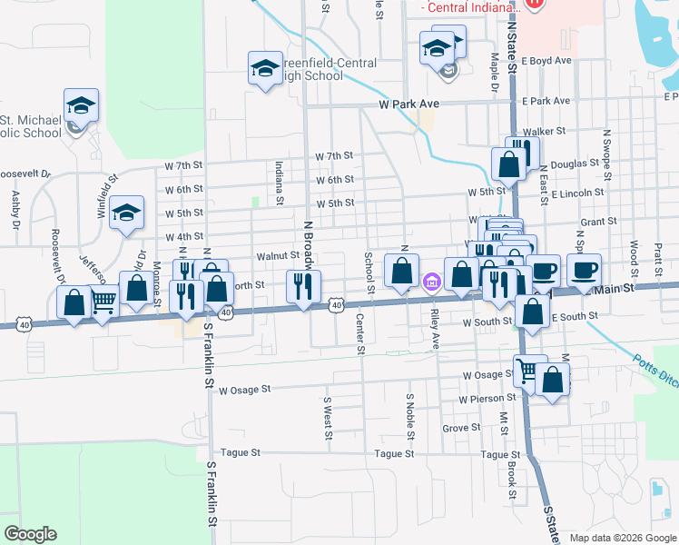 map of restaurants, bars, coffee shops, grocery stores, and more near 700 West North Street in Greenfield