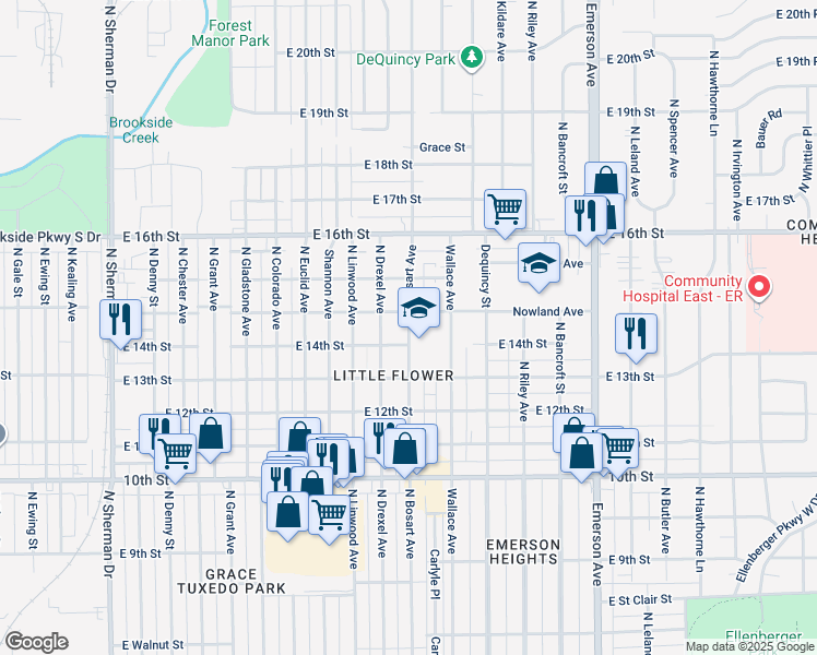map of restaurants, bars, coffee shops, grocery stores, and more near 1416 North Bosart Avenue in Indianapolis