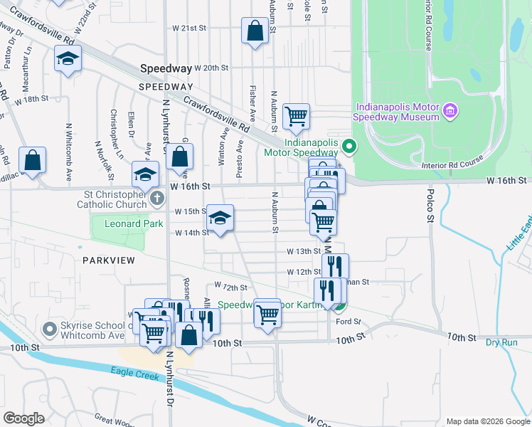 map of restaurants, bars, coffee shops, grocery stores, and more near 5035 West 15th Street in Indianapolis