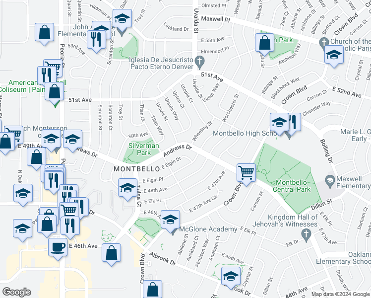 map of restaurants, bars, coffee shops, grocery stores, and more near 13200 Andrews Drive in Denver