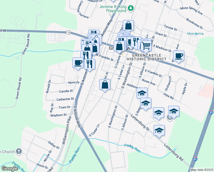 map of restaurants, bars, coffee shops, grocery stores, and more near 301 South Carlisle Street in Greencastle