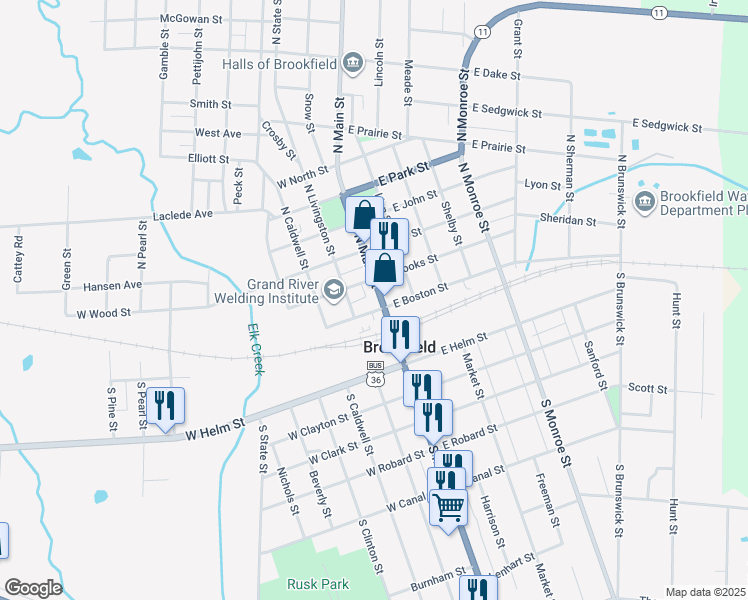 map of restaurants, bars, coffee shops, grocery stores, and more near 107 North Main Street in Brookfield