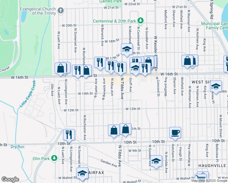 map of restaurants, bars, coffee shops, grocery stores, and more near 1401 North Alton Avenue in Indianapolis