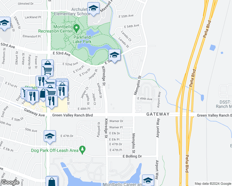 map of restaurants, bars, coffee shops, grocery stores, and more near 241 South Vaughn Way in Denver