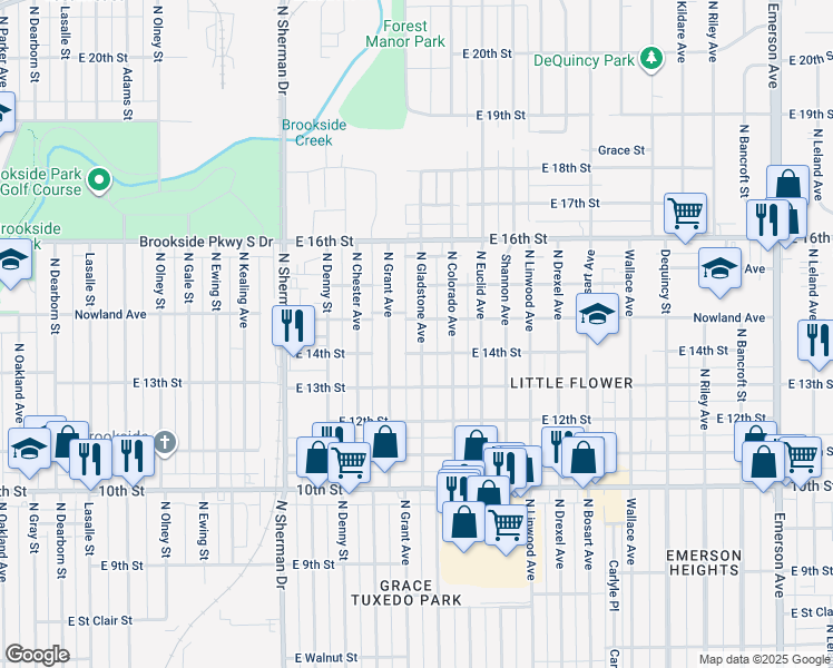 map of restaurants, bars, coffee shops, grocery stores, and more near 1418 North Gladstone Avenue in Indianapolis