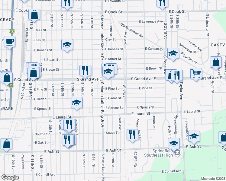 map of restaurants, bars, coffee shops, grocery stores, and more near 1900 East Pine Street in Springfield