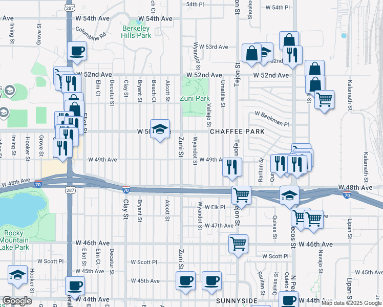 map of restaurants, bars, coffee shops, grocery stores, and more near 4915 Wyandot Street in Denver