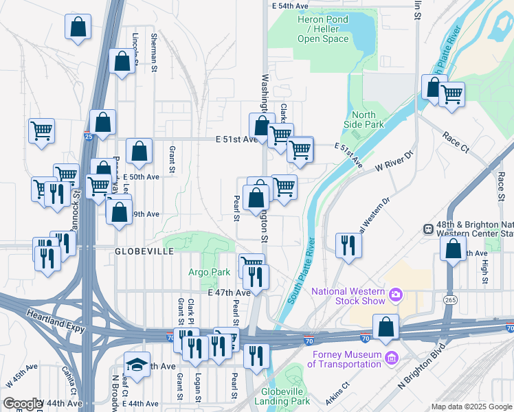 map of restaurants, bars, coffee shops, grocery stores, and more near 4923 Washington Street in Denver